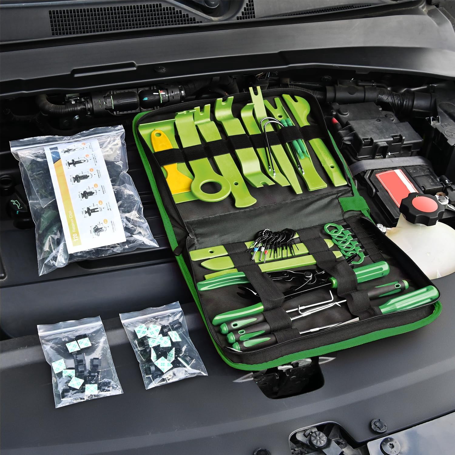 GOOACC 200Pcs Trim Removal Tool, Auto Push Pin Bumper Retainer Clip Set Fastener Terminal Remover Tool Adhesive Cable Clips Round Handle Crowbar Kit Car Panel Radio Removal Auto Clip Pliers, Green