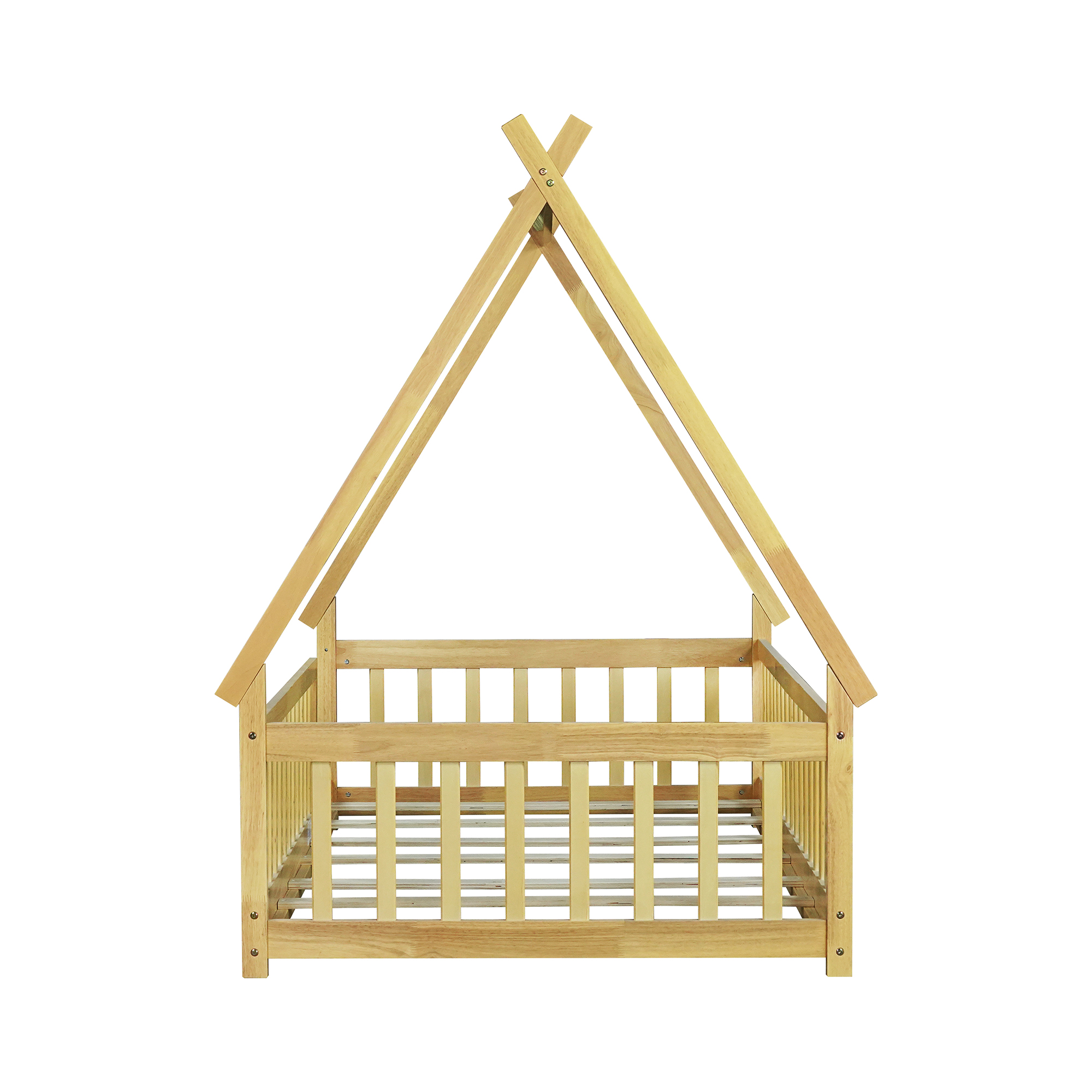 Miniyam Twin Size Floor Bed for Kids with Tent House Frame, Montessori Low Bed with Guardrails, Natural