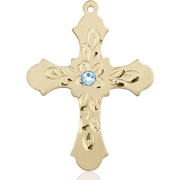 14kt Yellow Gold Cross Medal with 3mm March Blue Swarovski Crystal 1 1/4 x 7/8 inches
