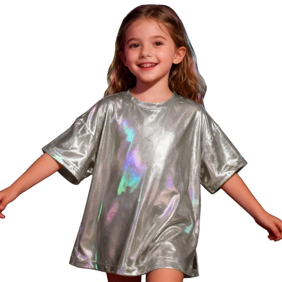 YOUYEDIAN Girls Shiny Metallic Shirts Shimmer Crewneck T-Shirts Jazz Hip Hop Dance Party Tops Kids Short Sleeves Casual Loose Tees (Black, 3-4 Years)