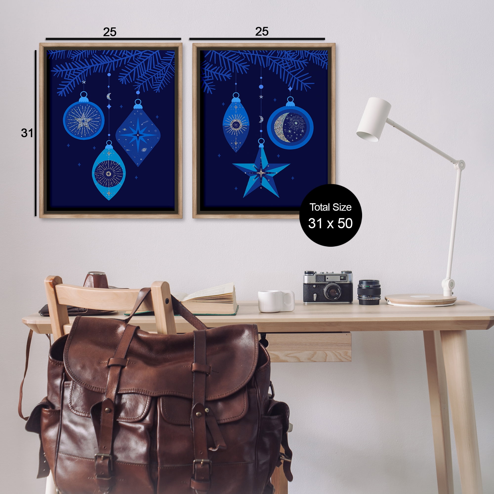 Stupell Industries Vintage Blue Holiday Ornaments Holiday Painting Brown Floater Framed Canvas Art Print Wall Art, 31 x 25, Set of 2