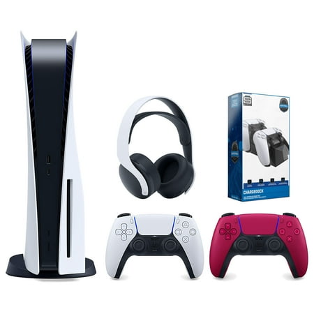 Sony Playstation 5 Disc Version Console with Extra Red Controller, White PULSE 3D Headset and Surge Dual Controller Charge Dock Bundle