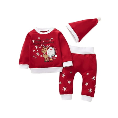 

elfinBE Unisex Baby Toddler Christmas Printed T-shirt Trousers And Hat 3PCs Outfits Set 0-24M