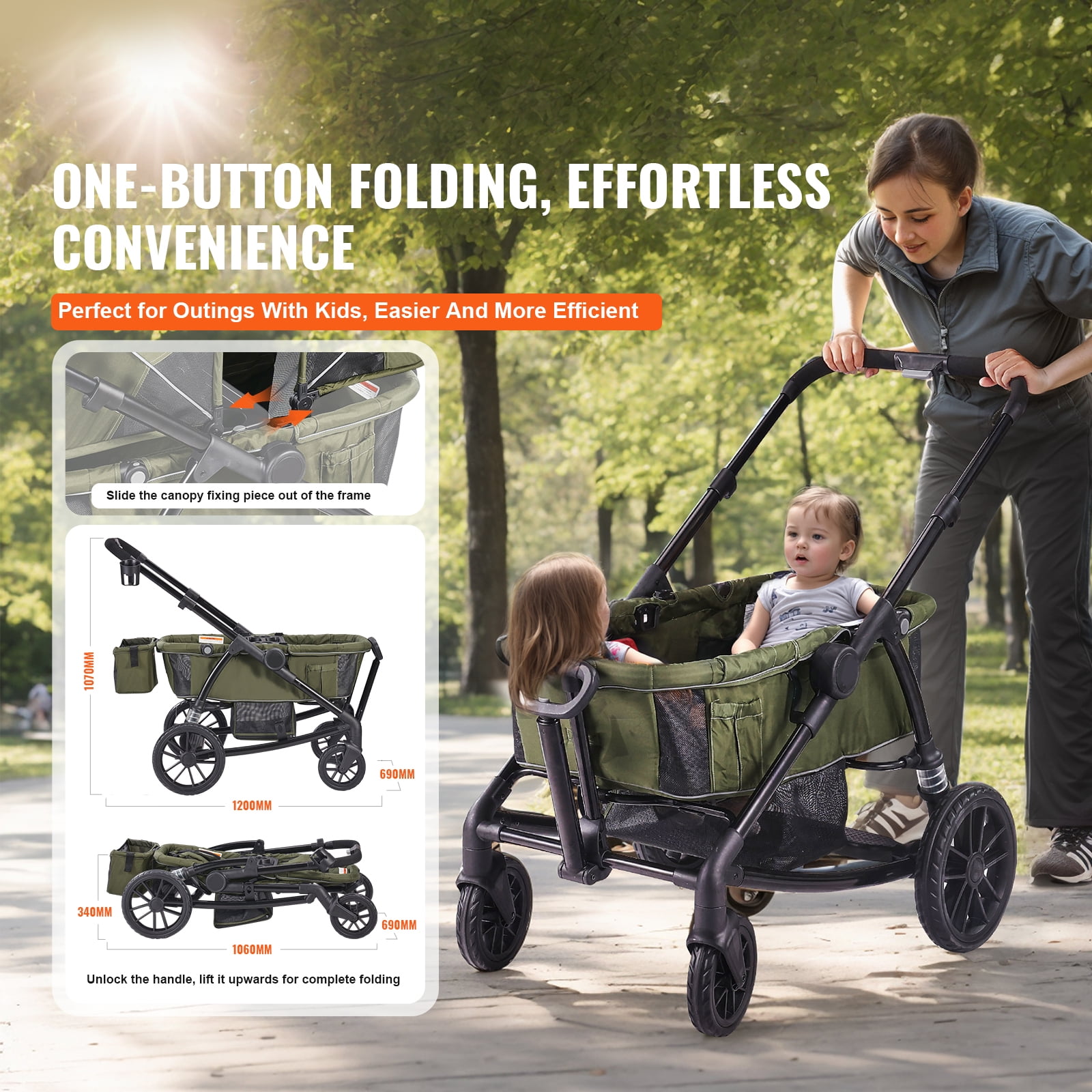 KFFKFF Off-Road Wagon-Stroller Hybrid, Dual-Seating, Easily Foldable for Travel, Comes with Shade Cover, Storage for Essentials, Beverage & Snack Tray, 55lbs Capacity per Seat, in Olive Green