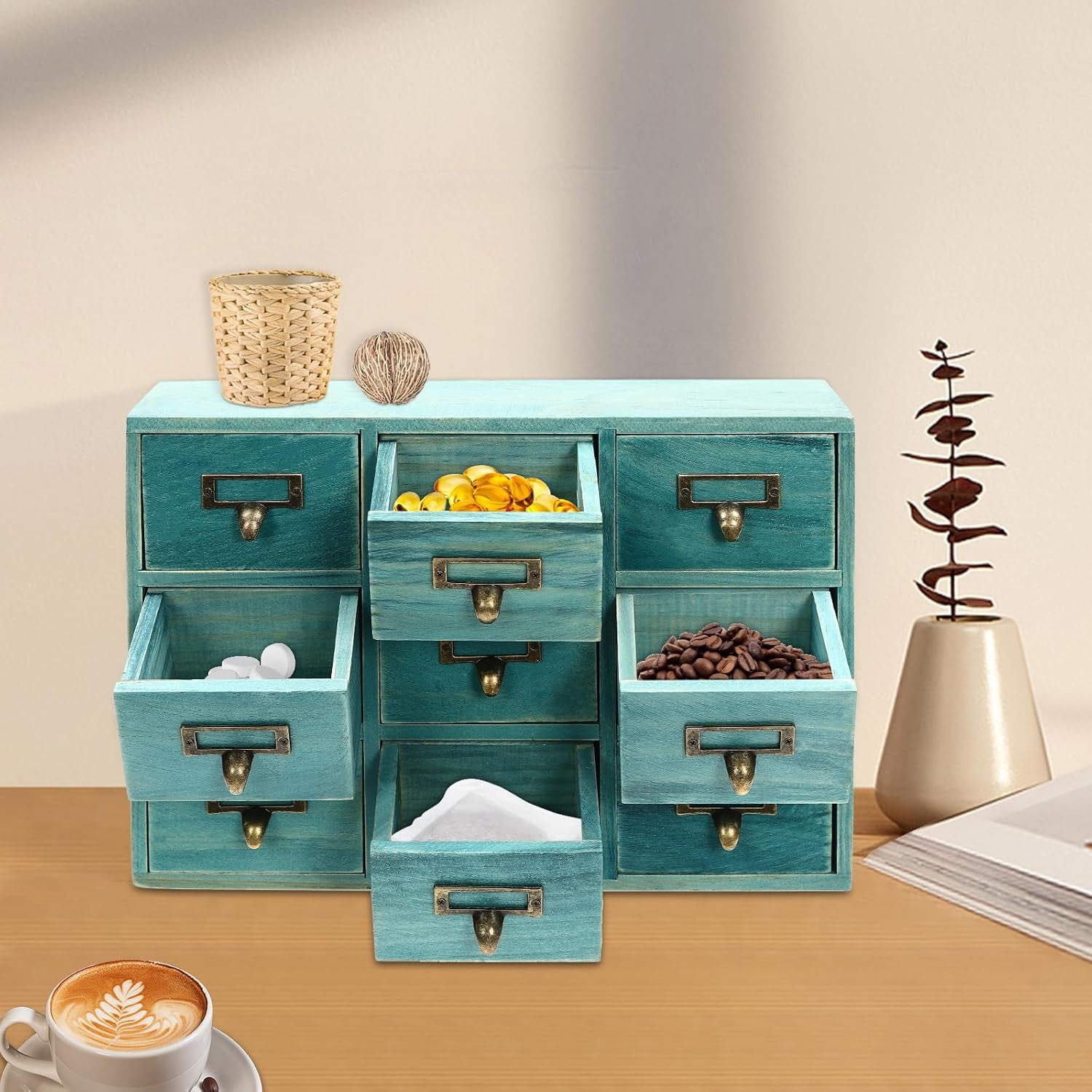 Library Card Catalog Cabinet Card Catalog Drawer Box Apothecary Cabinet with 9 Drawers-Storage Cabinet Wood Desk Organizer, Craft Cabinet for Medicine, Jewelry, Crafts, Makeup (Blue )