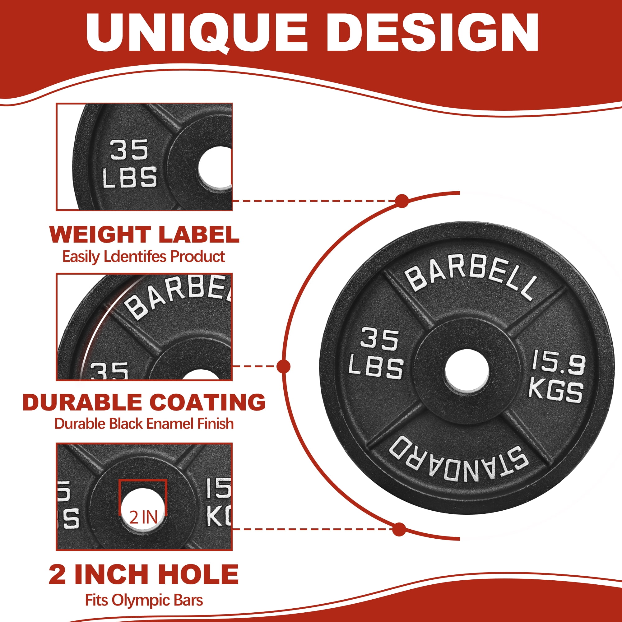FlexWave Cast Iron Barbell Plates, 2-Inch Hole, Black with Silver Numbers, 70LB Set, for Standard Barbells, Dumbbells & Home Gym Strength Training