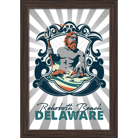 Rehoboth, Delaware - Merman - Badge Style - Lantern Press Artwork (12x18 Giclee Art Print, Gallery Framed, Espresso Wood)