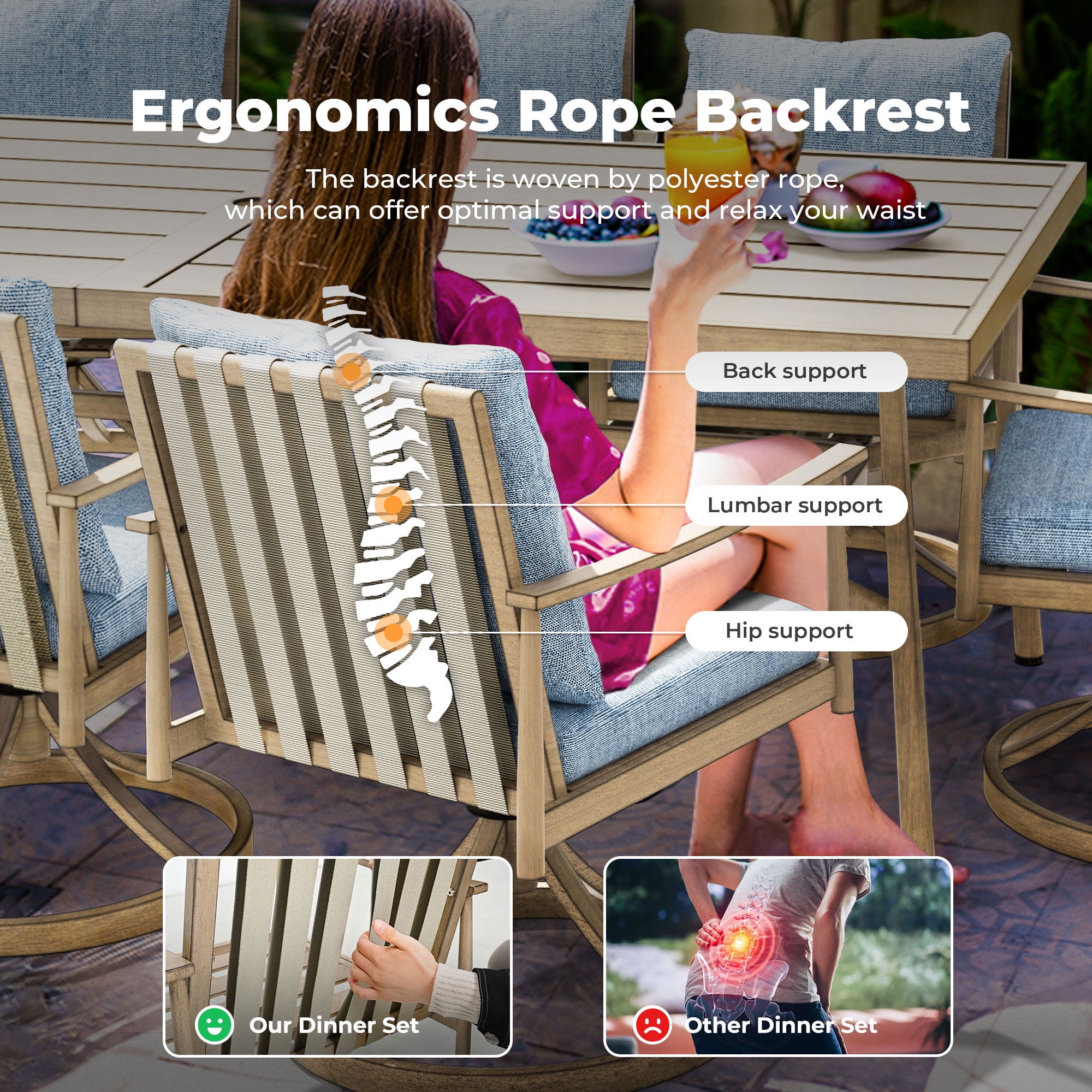 HAPPATIO 9-Piece Patio Dining Set for 8, Aluminum Outdoor Dining Set with Cushions, 8 Swivel Dining Chairs, 1 Large Rectangular Table with Umbrella Hole for Lawn, Porch, Backyard, Brown