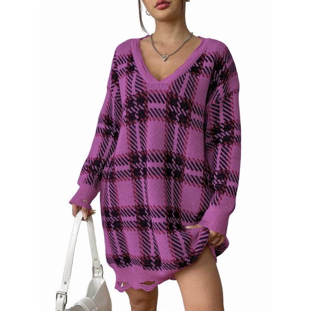 Robe Chandail Décontractée Automne Col en V Manches Longues Coupe Ample Motif Chaud Mini Robe Chandail Rose Taille
