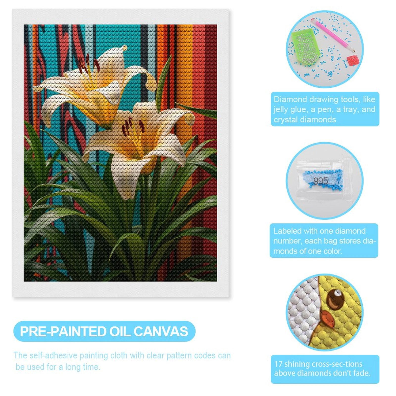 Diamond Art Kits for Adults, Yellow Lilies Colorful Background 5D Diamond Painting Kits for Adults Beginners, DIY Full Drill Diamond Painting, Gem Art and Crafts 12x16