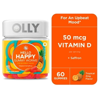 OLLY Hello Happy Gummy Worms, Mood Balance Support,  D, Adult Supplement, Tropical, 60 Ct