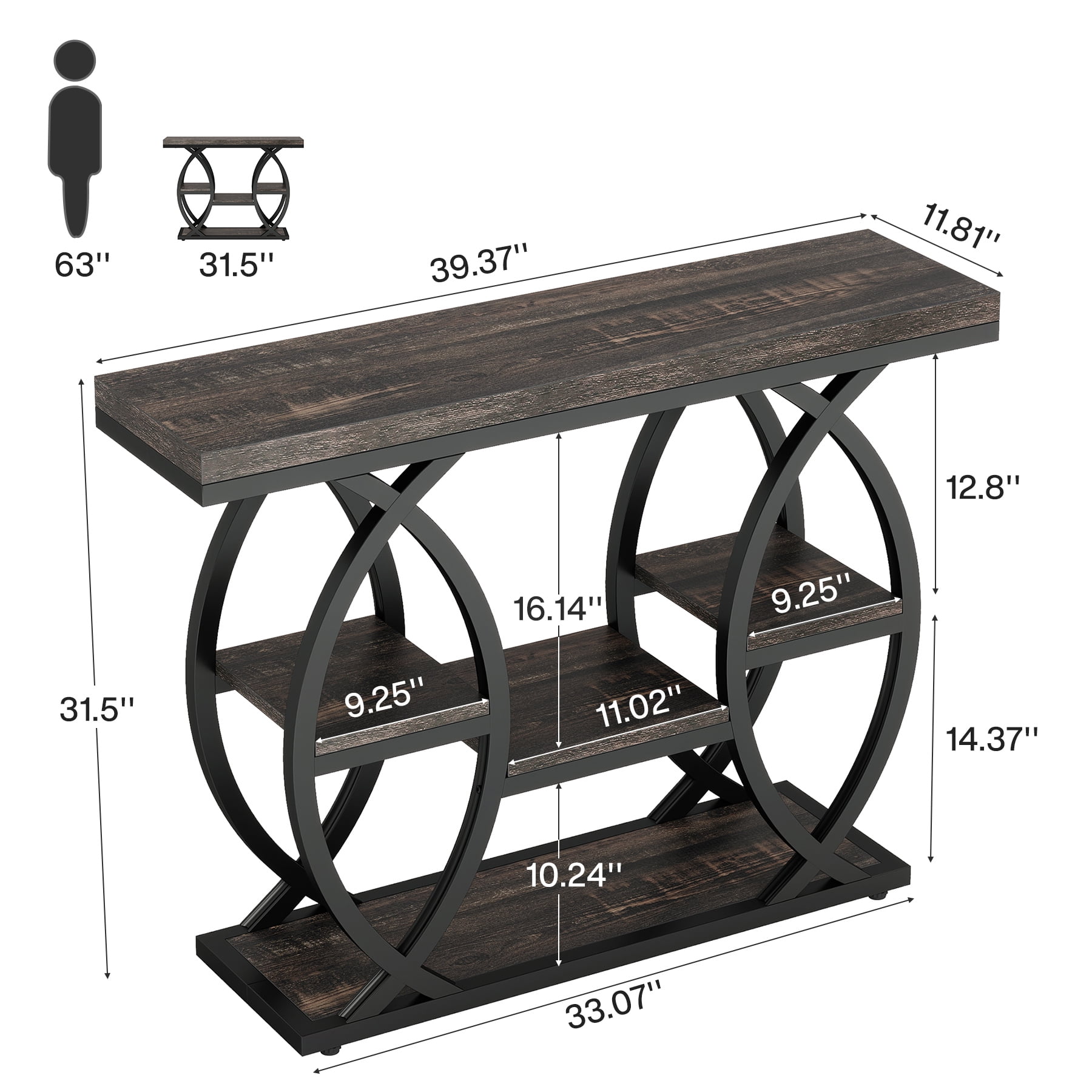 Fnova 39.4" Industrial Console Table, 4-Tier Retro Staggered Storage Shelves, Narrow Wood Accent Table with Metal Frame, for Small Spaces, Entryway, Sofa, Hallway