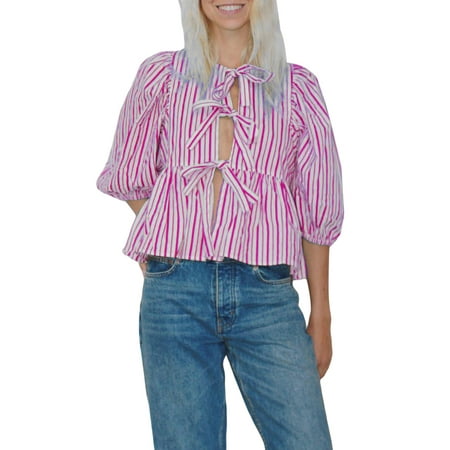 Michellecmm Women s Striped Babydoll Tops Loose Fitting Round Neck Open Front Tie-Up Half Sleeve Ruffled Blouse for Summer