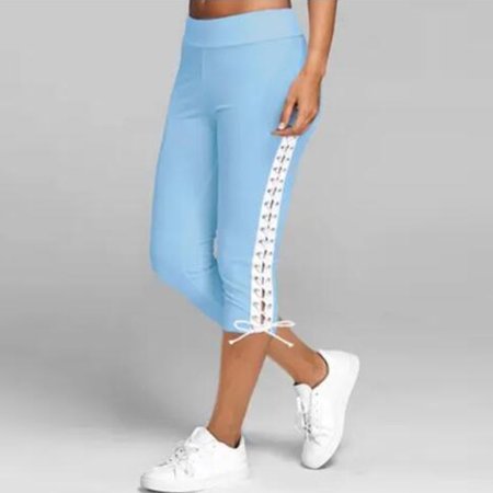 AKEGAMN Solid Bandage Elastic Waist Cropped Trousers Casual Sweatpants Blue S Size S-3XL