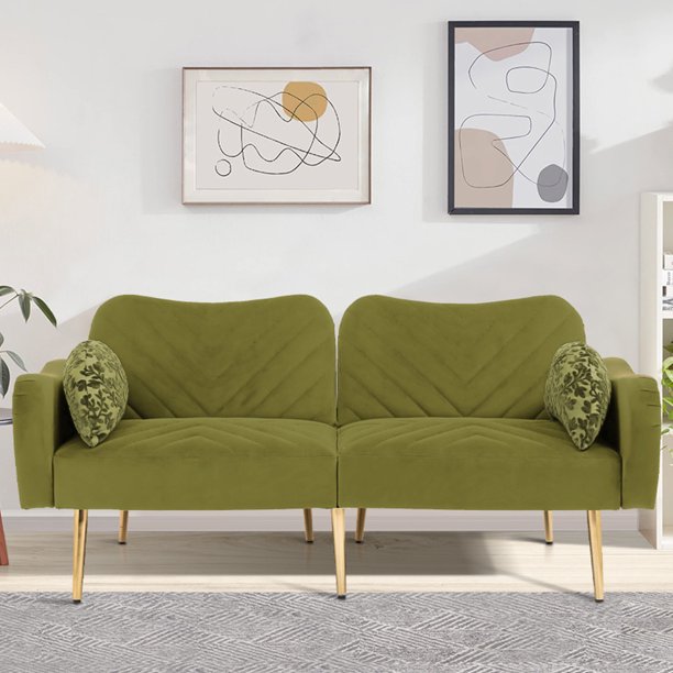 Olive Green Convertible Sofa, Velvet Upholstered Sofa, Sofa Bed Sleeper