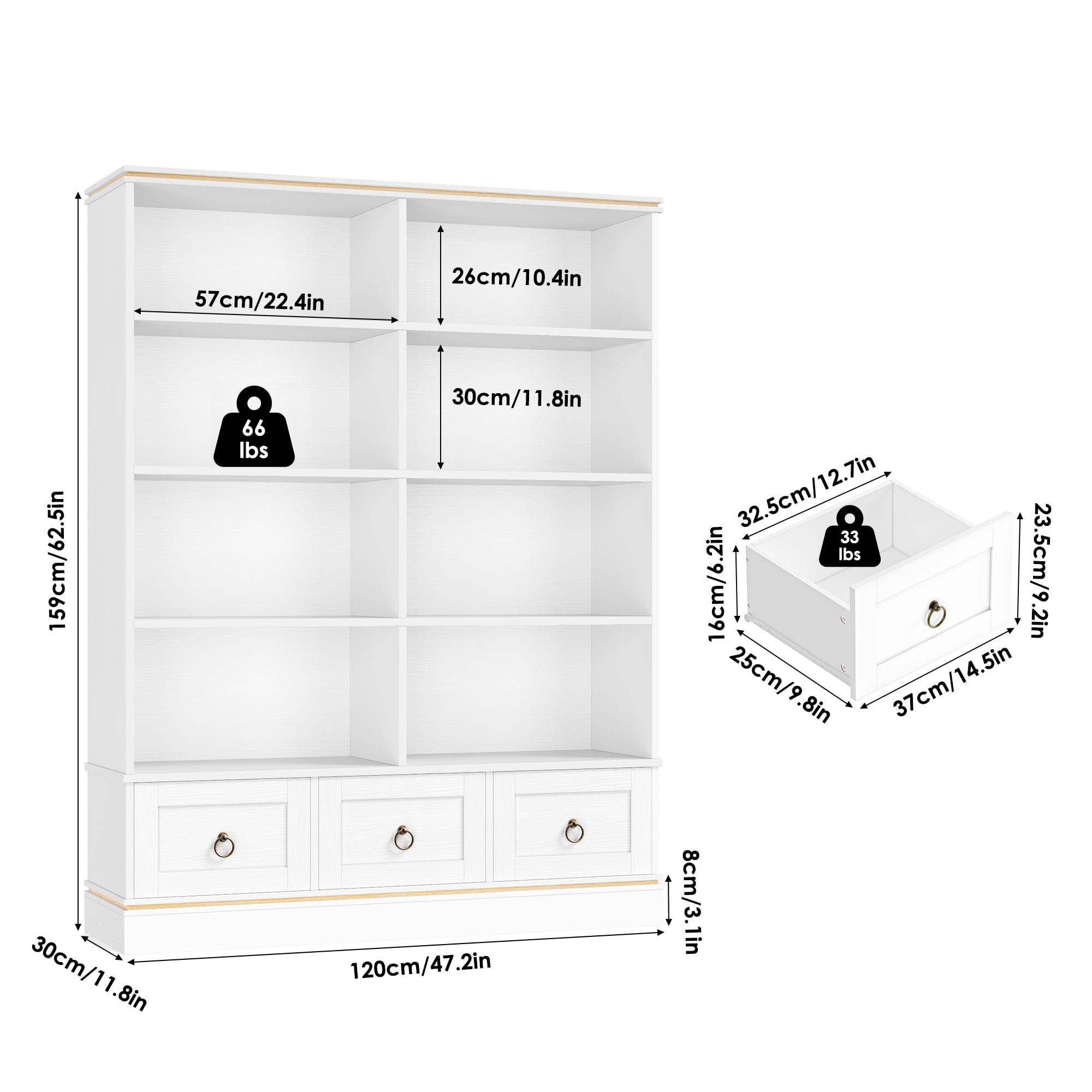 Homfa Tall Bookshelf with Drawers, Double Row 8 Cube 47'' Wide Bookcase for Living Room Office Small Space, White