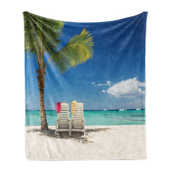 Seaside Soft Flannel Fleece Throw Blanket, Relaxing Scene on Vacation Beach Palm Tree Chairs and Boats Panoramic Picture, Cozy Plush for Indoor and Outdoor Use, 60" x 80", Green Blue, by Ambesonne