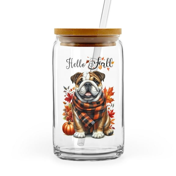 Hello Fall Bulldog Scarf Welcome Autumn with Leaves Pumpkins 16oz Glass Cup Mug Dog Lover Gifts Idea Glass Can with Bamboo Lid and Straw - 00011
