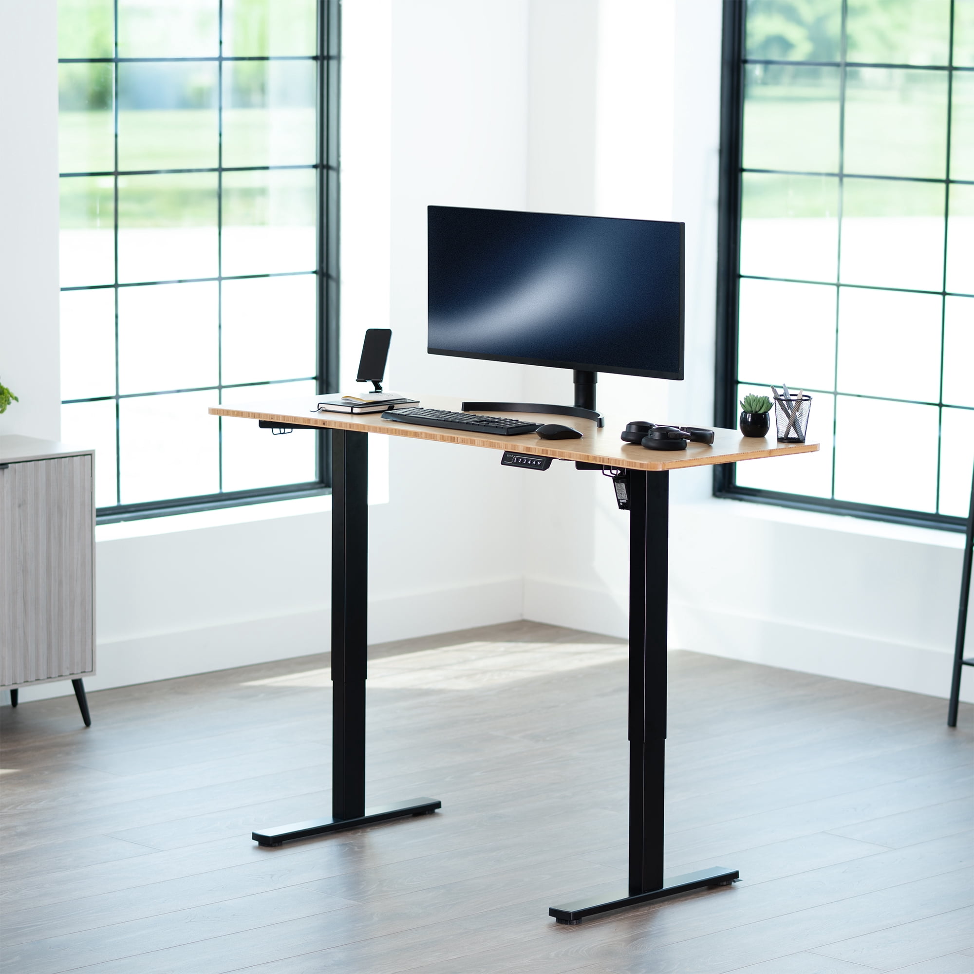 VIVO Electric 60” x 24” Stand Up Desk | Bamboo Table Top, Black Frame