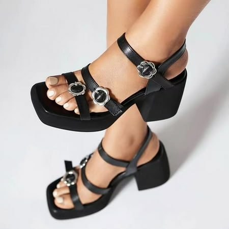 

XDDST Medium Heel Beach Sandles Women s Spring and Summer Fashion Leather Open Toe Wedge Sandals Casual Comfort Flower Buckle Sandals Black