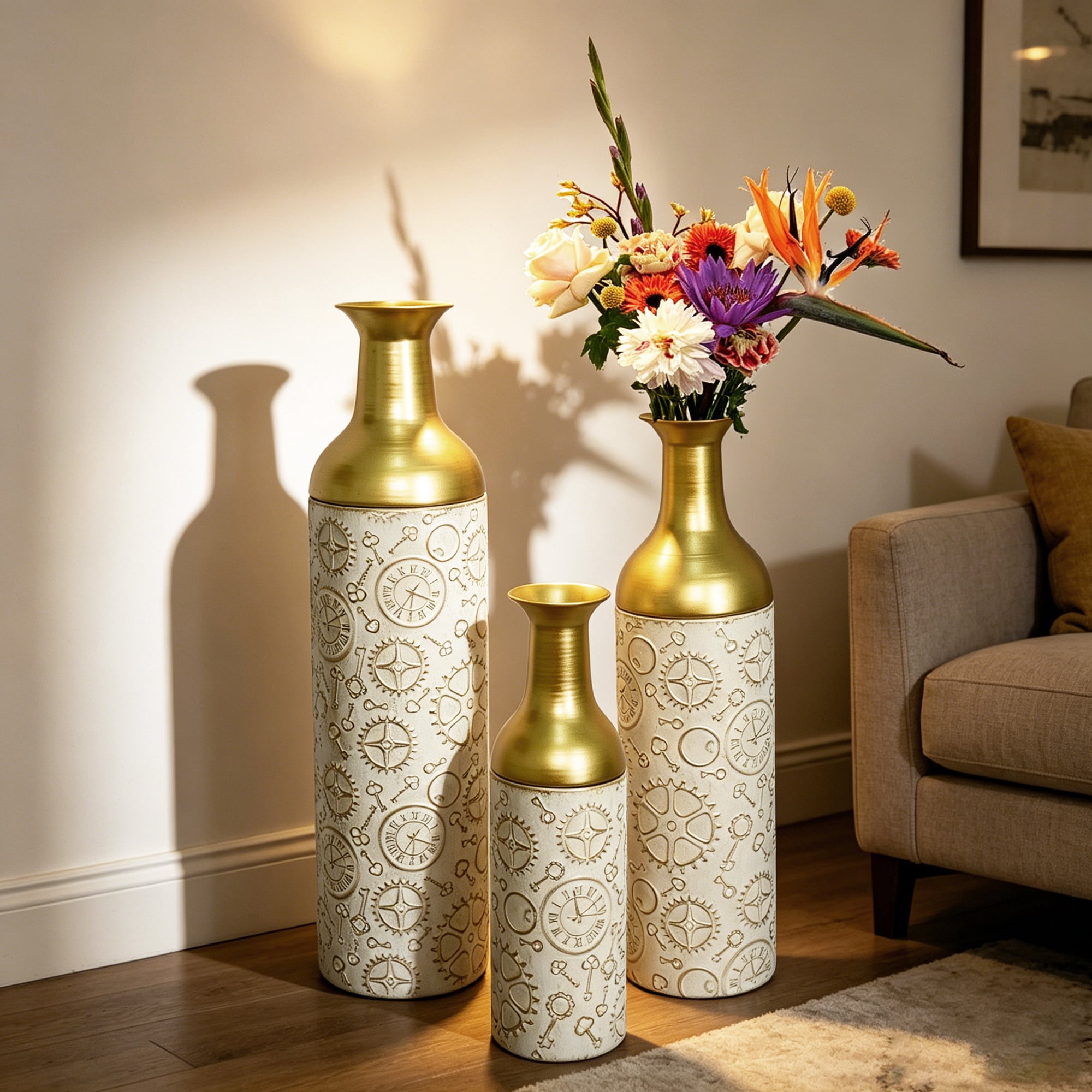 Leumius Decorative Metal Vases Set of 3, Antique White and Gold Leaf Pattern Floor Vases, Antique White and Gold Tall Vases for Home Decor, Living Room Entryway Decor