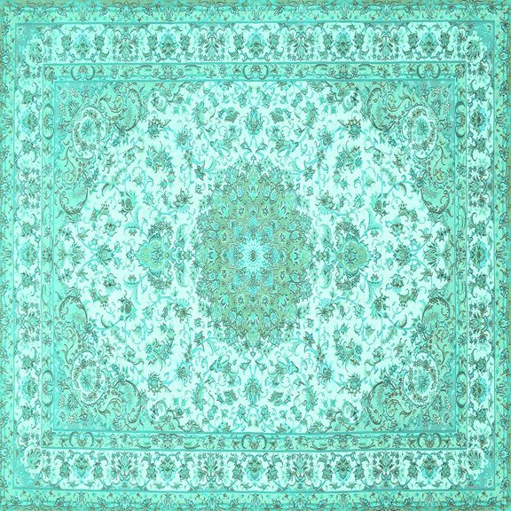 Ahgly Company Machine Washable Indoor Square Medallion Turquoise Blue Traditional Area Rugs, 6' Square