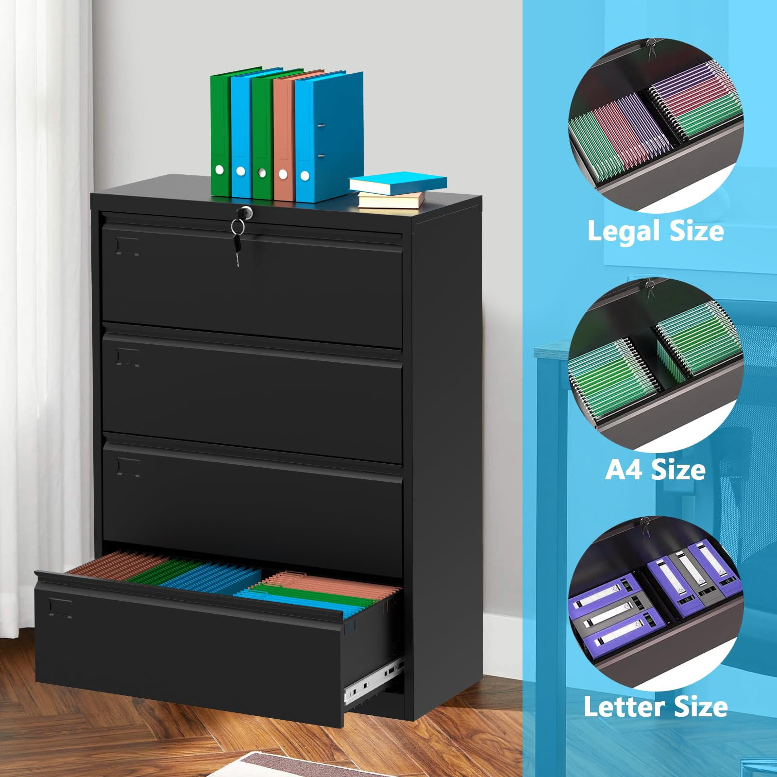 Danolapsi 52inch High 4 Drawer Metal Lateral Filing Cabinet - File Cabinets,Lockable Storage,Organizes Hanging Files (Letter/Legal/F4/A4 Size),Metal Filing Cabinets for Offices,Requires Assembly