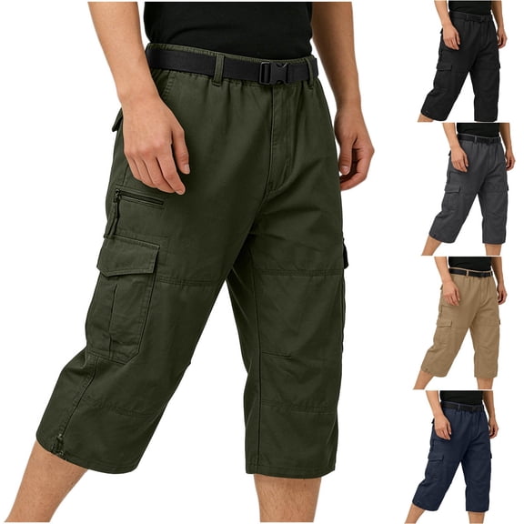 IhhxPro Men's Cotton Outdoor Cargo Shorts Elastic Waist Button Detail Men Multi Pocket Work Casual Hiking Summer Straight Fit Lightweight Durable M-4XL