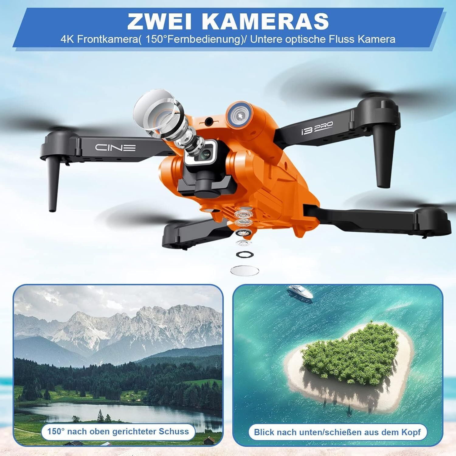 TOPCHANCES I3 PRO FPV Drone with 4K Dual Cameras, RC Quadcopter for Kids Adults with Altitude Hold, One Key Landing, Obstacle Avoidance, Headless Mode, 2 Batteries (Orange)