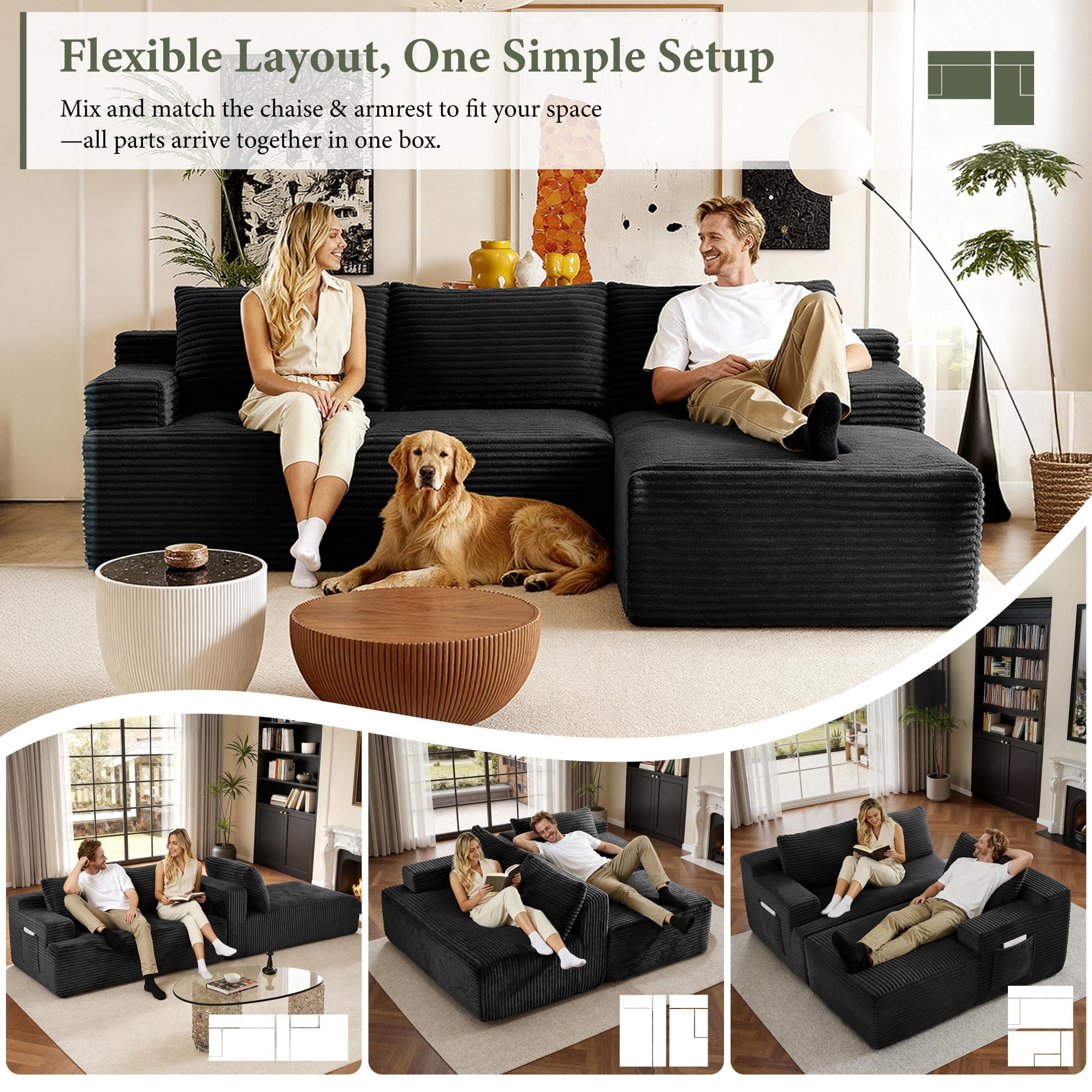 Aukfa 95" Cloud Sectional Sofa Modular Boneless Couch for Living Room, 2 Storage Pockets&Pillows, Right Chaise, Corduroy, Black