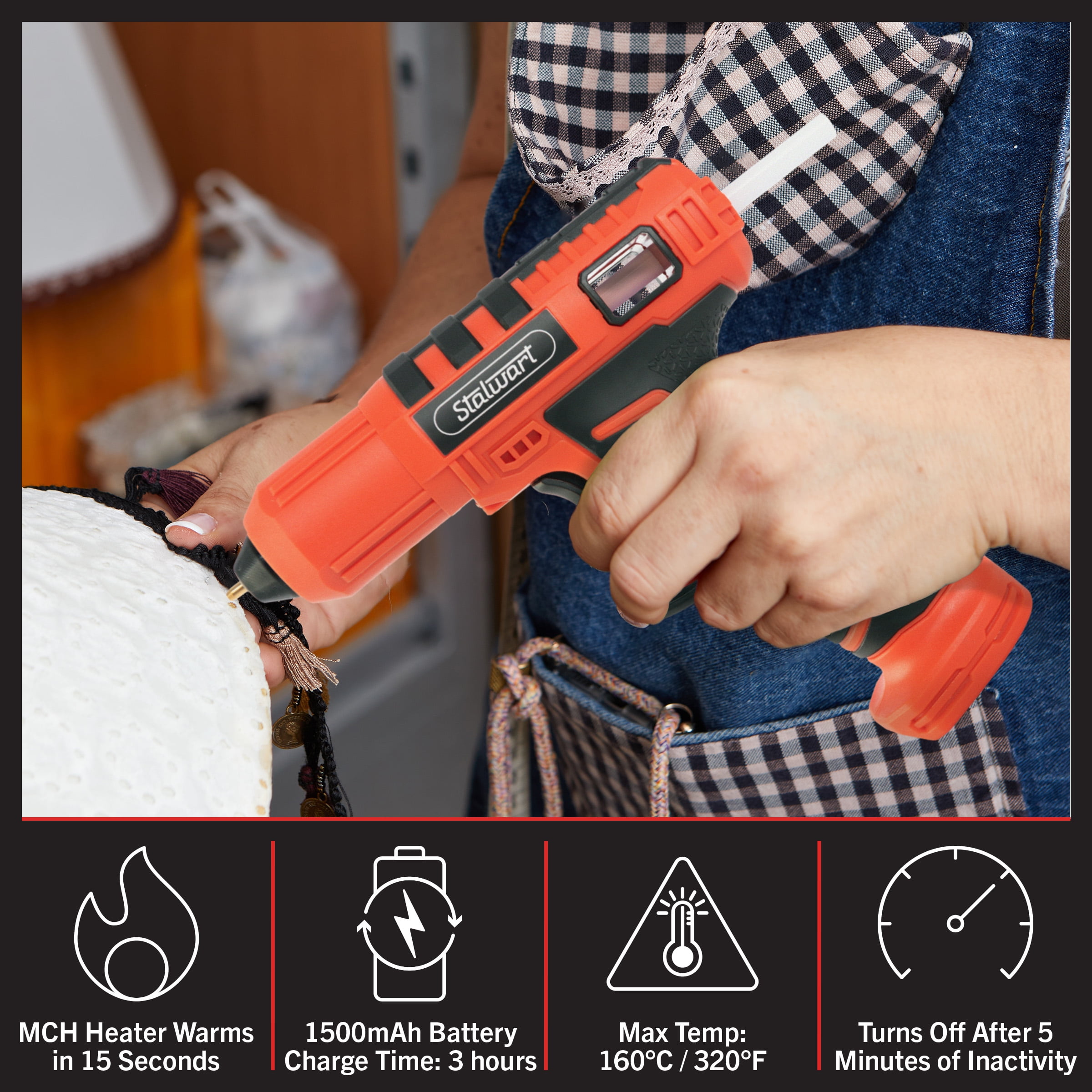 4V Cordless Hot Glue Gun - Wireless Glue Gun Kit with 15 Second Warm-Up  Time and 20 Glue Sticks - Crafting and Classroom Essentials by Stalwart  (Red)