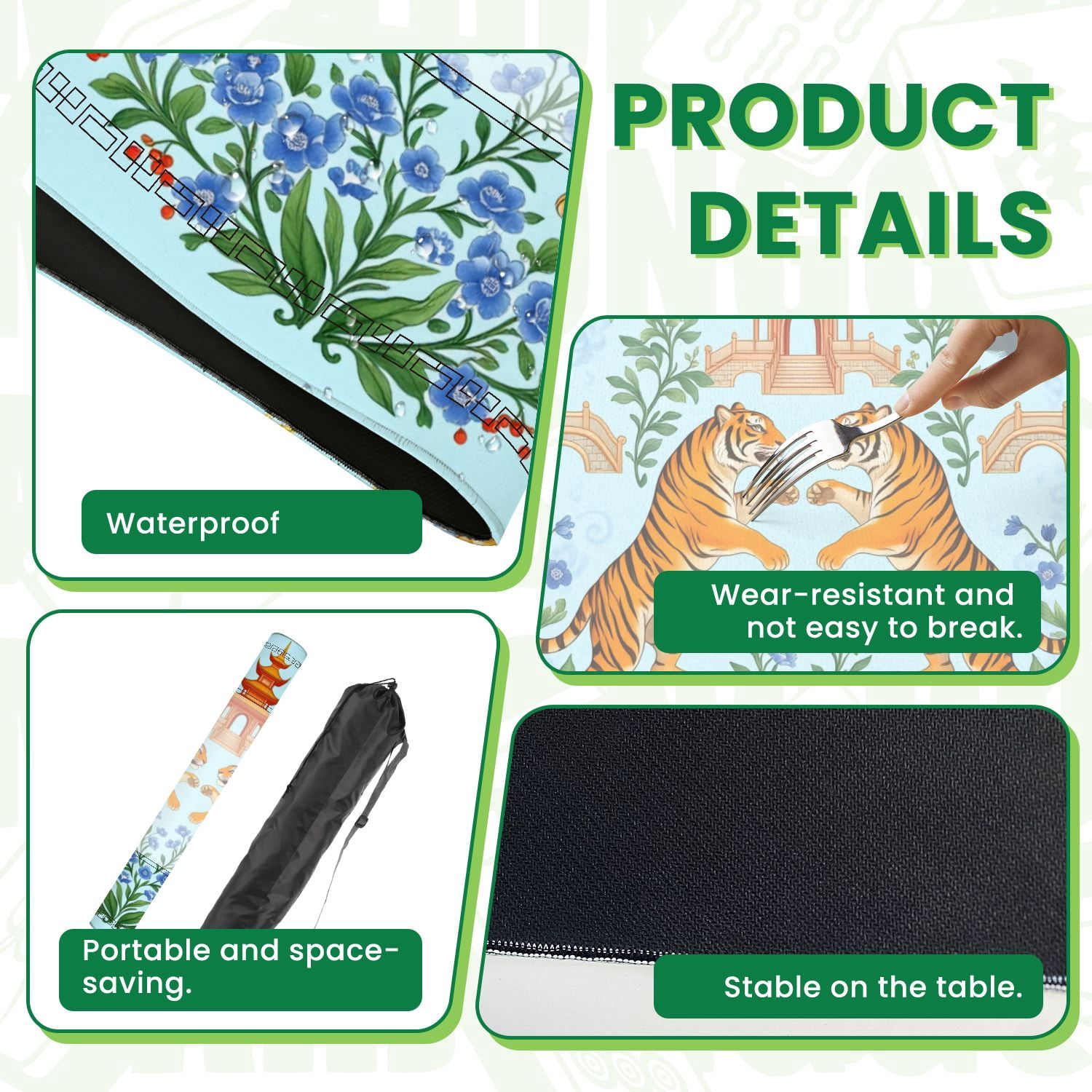 Mahjong Mat 31.5" x 31.5" Pair Tigers Facing Each Other Amid Floral Wreath Pagoda Bridges Non-Slip Noise Reduction American Mahjong Tiles Table Cover for Dominoes Poker Card Board Games Gift