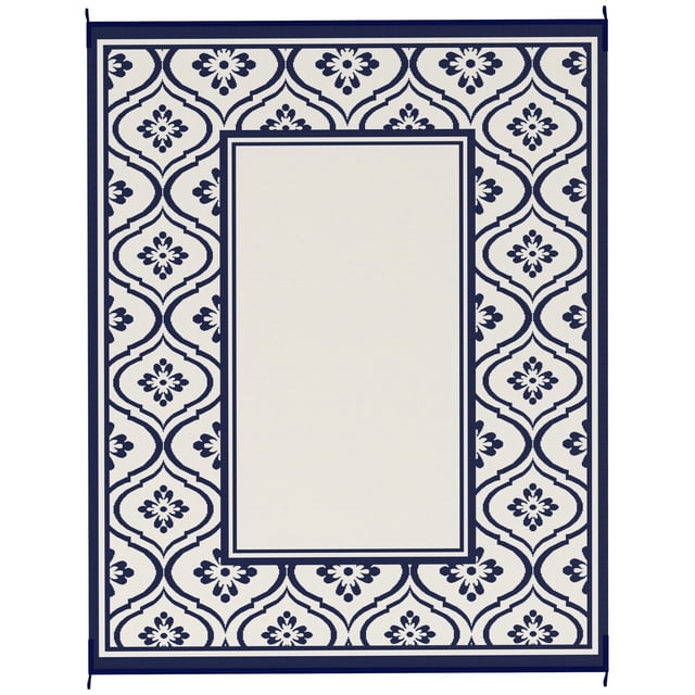 8' x 10' Reversible Outdoor RV Rug, Blue and White Gourd Border Polypropylene Patio Mat with Carry Bag, Weather-Resistant Floor Mat for Camping, Beach, Picnic and Garden