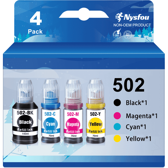 Compatible Ink Bottle replacement for Epson 502 T502 Ecotank Refill Ink for Epson ET-15000 ET-2760 ET-3710 ET-2750 ET-3700 ET-4760 ET-3750 Printers (Black, Cyan, Magenta, Yellow, 4 Pack)