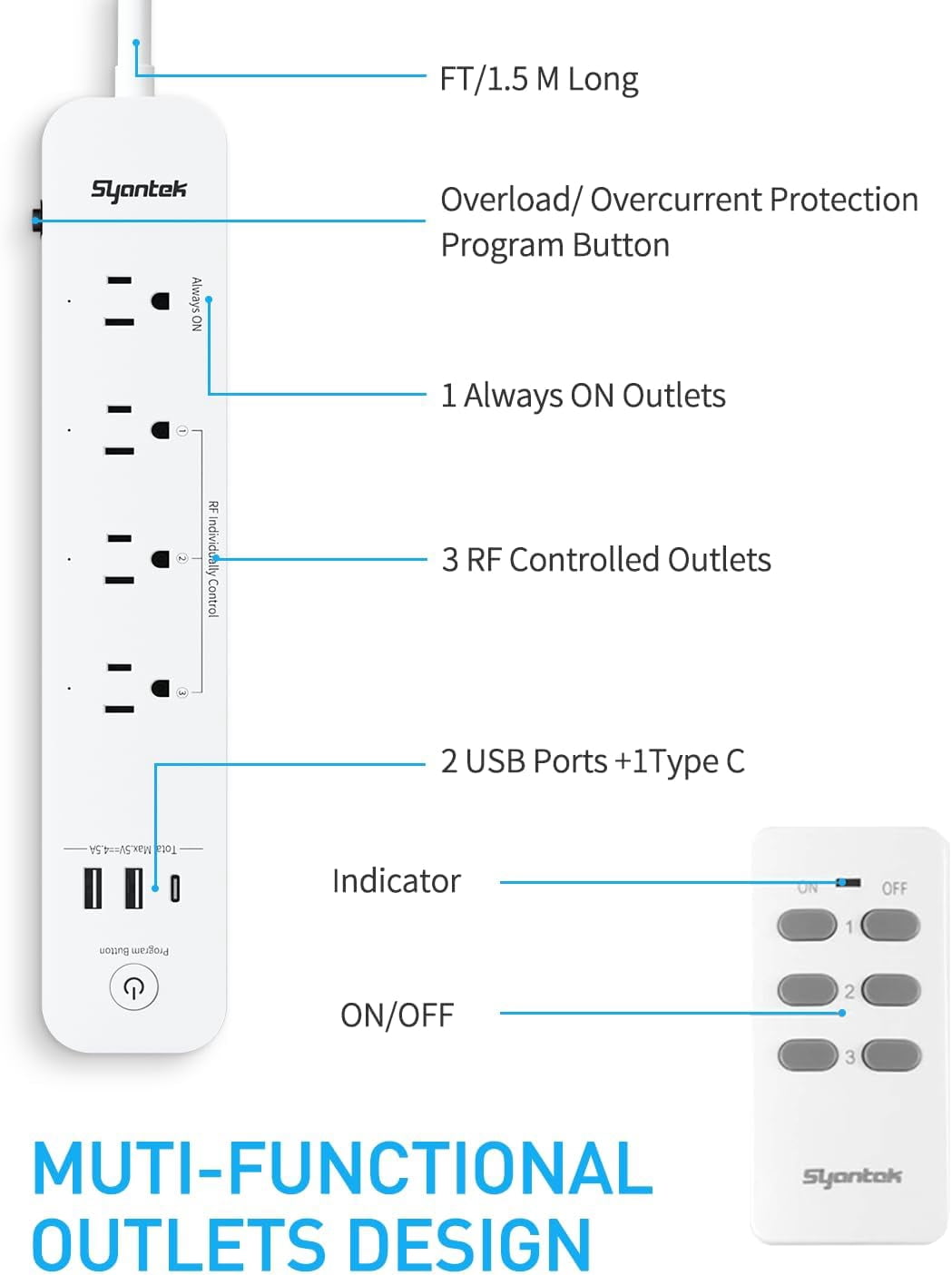 Syantek Remote Control Power Strip with 3 RF Outlets, 3 USB Ports, 5ft Cord, 15A/1875W Surge Protector for Household Appliances
