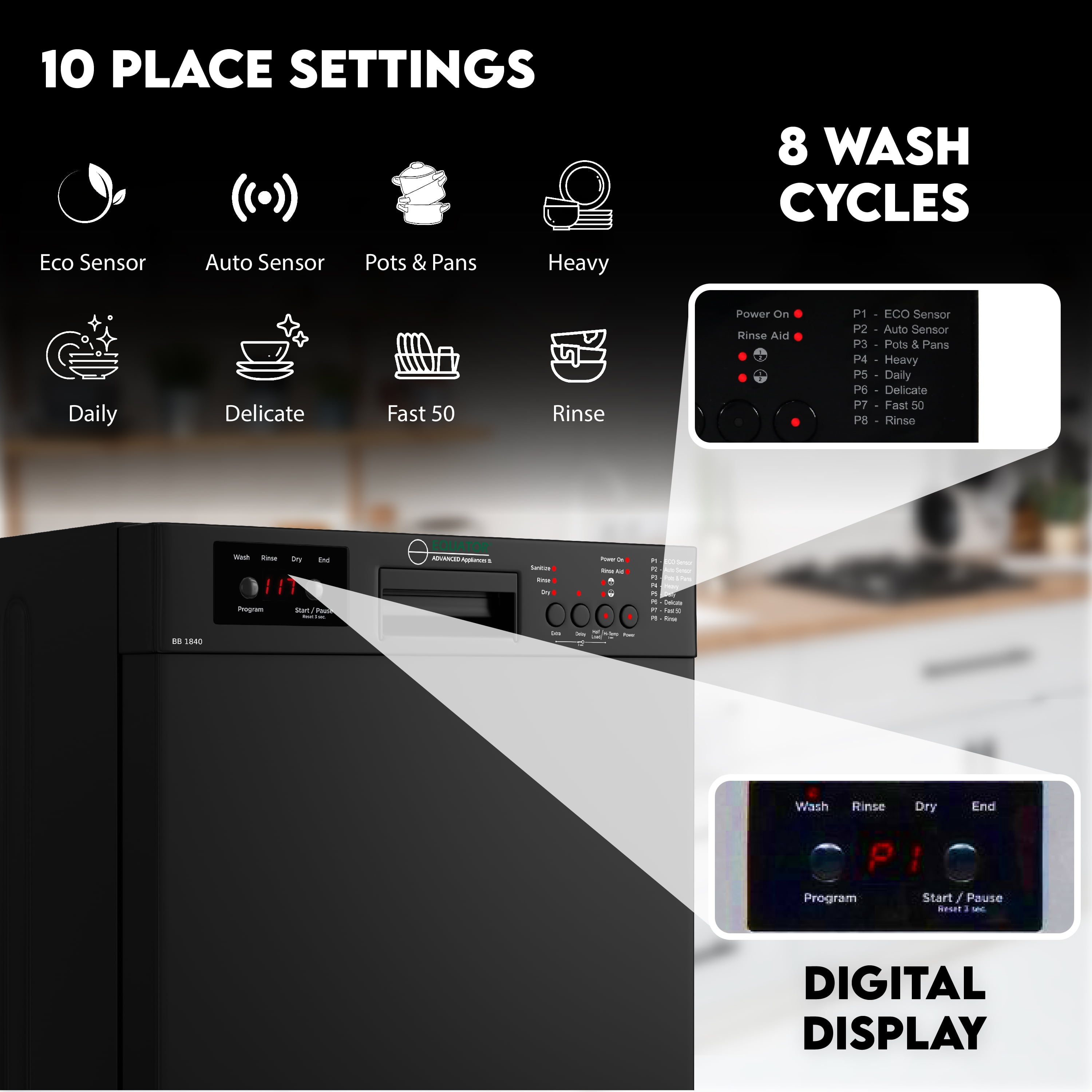 Equator 18" Front control Dishwasher Front control 10 place Wine Rack 8 Wash Sensor Wash Sanitize Delay1/2Load 110V E-Star ADA