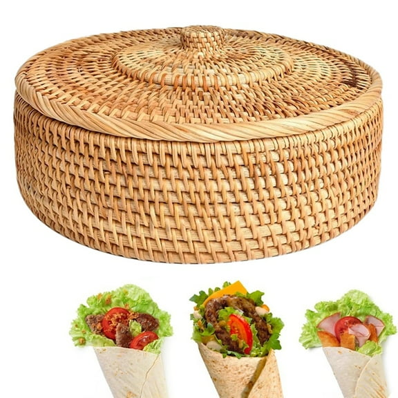 Round Rattan Boxes with Lid Hand-Woven Multi-Purpose Wicker Tray 10.2Inch Picnic Food Bread Table Storage Basket
