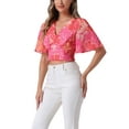 thumbnail image 5 of INSPIRE CHIC Women's Floral Flare Short Sleeve V Neck Summer Smocked Crop Tops S Hot Pink, 5 of 7