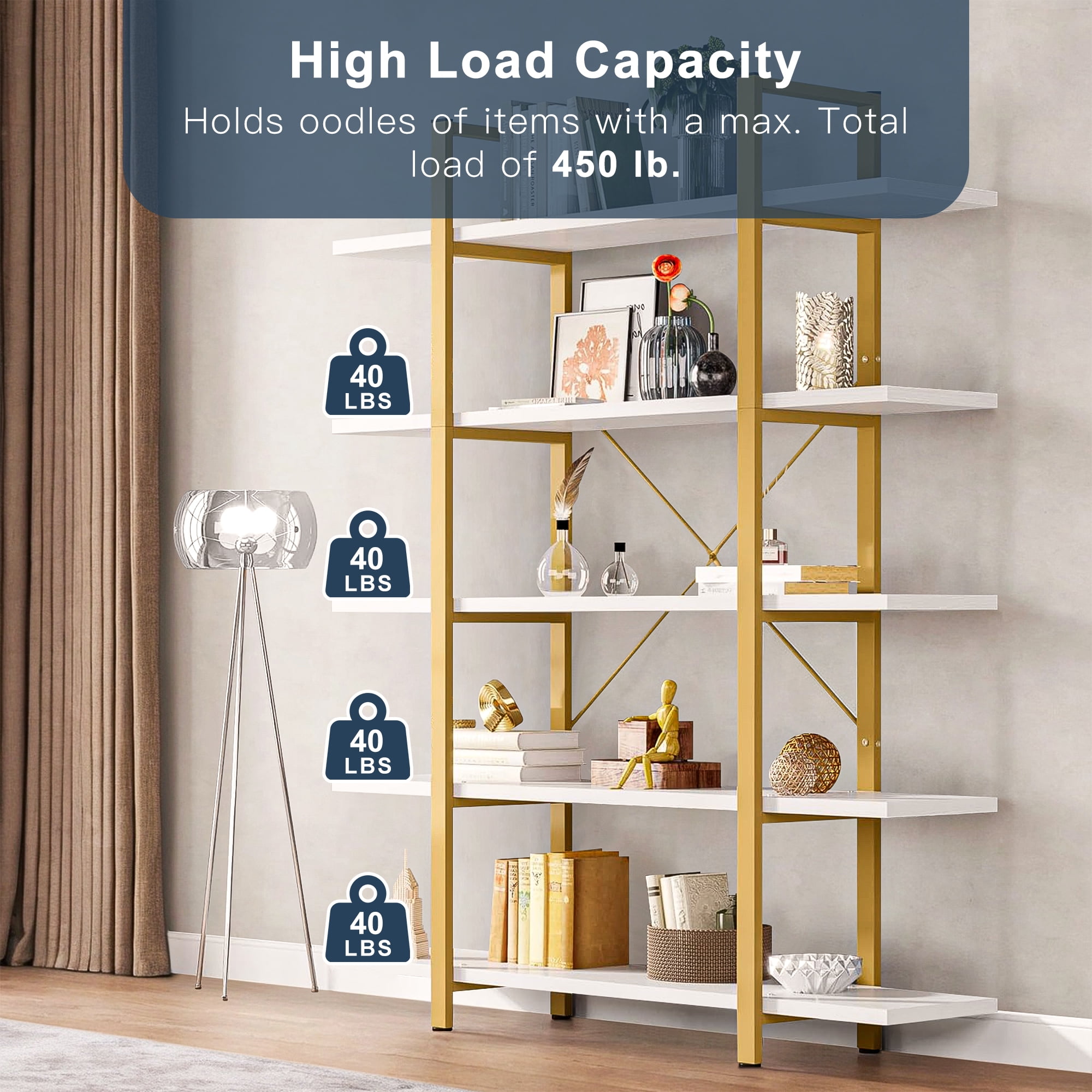 Demi Bonn 5 Tier Bookshelf, Bookshelves, Open Etagere Bookcase Shelf Storage Organizer, Free Standing Storage Shelving Unit for Bedroom, Living Room and Home Office, White & Gold