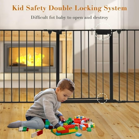 ChVans 74" Wide Fireplace Safety Fence, Metal Baby Gate with Door, Safety Fence for Toddlers/Pets/Dogs, 3-Panel