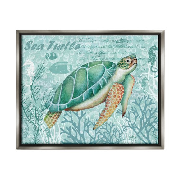 Stupell Industries Coral Bordered Sea Turtle Seahorse Script Calligraphy Graphic Art Luster Gray Floating Framed Canvas Print Wall Art, Design by Emma Leach