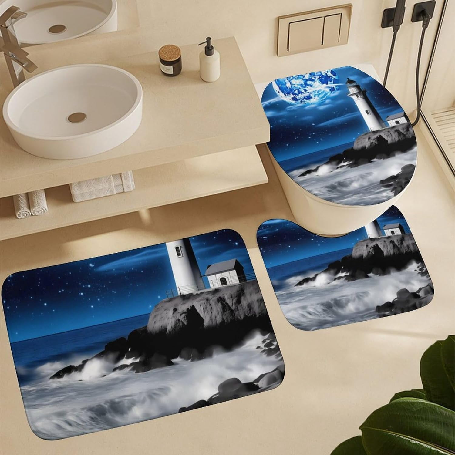 4 Pcs Bathroom Shower Curtain Set,Bathroom Sets with Rugs (Bath Mat,U Shape and Toilet Lid Cover Mat), Lighthouse and Moon Bathroom Decor Set