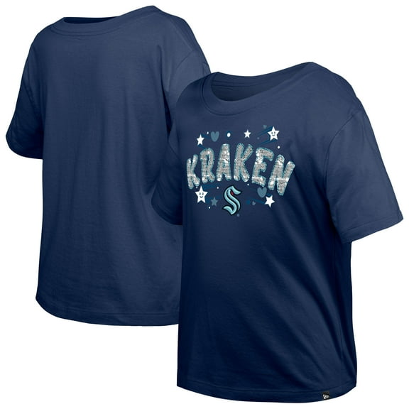 Girl's Youth New Era  Deep Sea Blue Seattle Kraken Flip Sequin T-Shirt