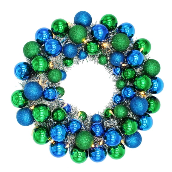 16" Blue and Green Ball Wreath with Battery Powered Warm White LEDs