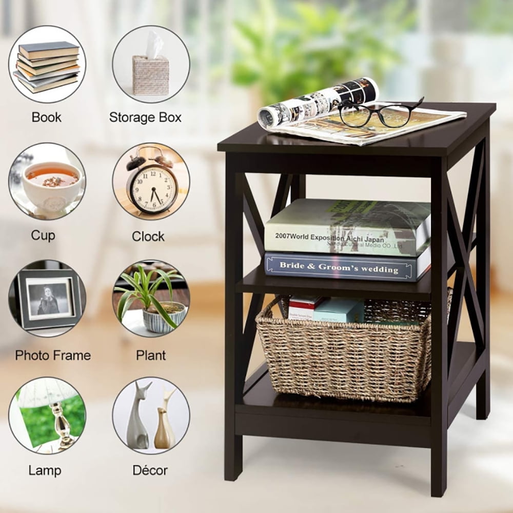 Finihen End Table, 3-Tier X-Design Nightstands with Storage Shelves, Bed Side Tables, for Living Room, Bedroom, Espresso Finihen End Table, 3-Tier X-Design Nightstands with Storage Shelves, Bed Side Tables, for Living Room, Bedroom, Espresso