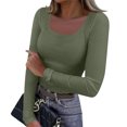 thumbnail image 2 of Qwertyu Women's Long Sleeve Shirts Stretch Square Neck Ribbed Slim Fitted Casual Basic Tops Tee Army Green L, 2 of 7