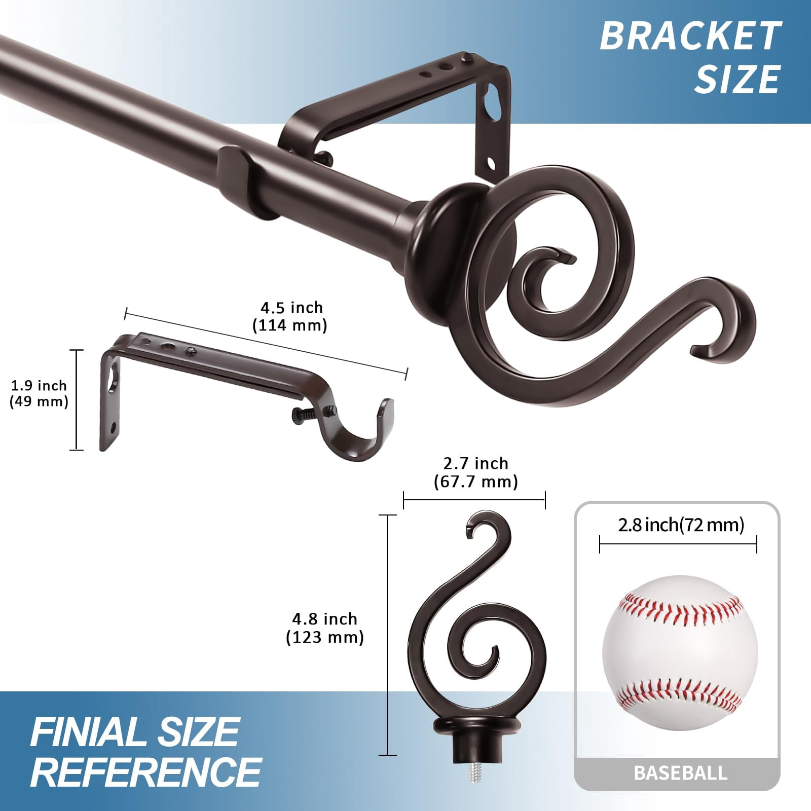 Urbanest 3/4" French Scroll Cast Forged Iron Single Curtain Rod – Designer Cast Iron Drapery Hardware with Elegant Finials, Easy-Mount, Heavy-Duty, 28" to 48", Oil-rubbed Bronze (ORB)