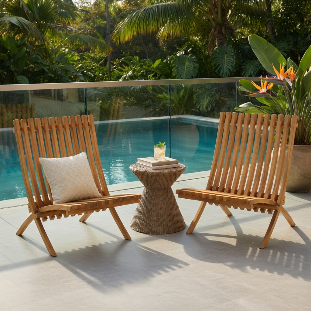 Hommoo Folding Teak Wood Outdoor Lounge Chair, Ergonomic Slatted Design, Compact Foldable for Patio, Backyard & Fire Pit Use, Natural