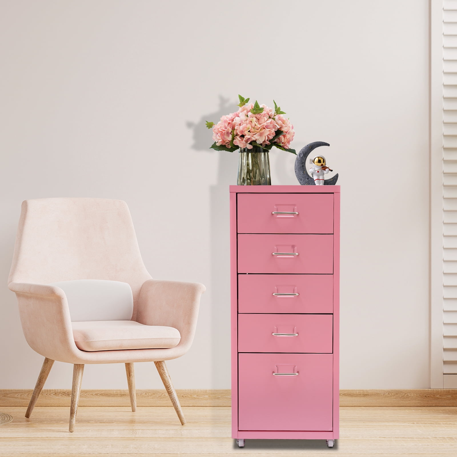 Fichiouy Metal File Storage Cabinet with Rubber Wheels 5-Drawer Storage Cabinet for Home Office 16" D x 11" W x 27" H