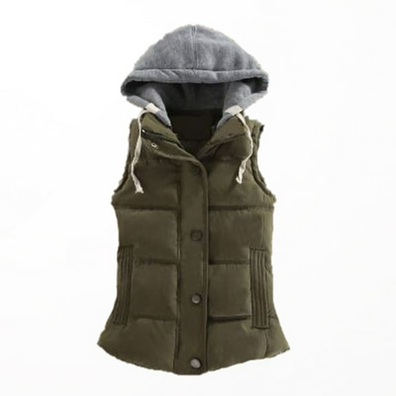 JIKNTTR Women Jacket Casual Slim Sleeveless Quilted Removable Hooded Winter Vest Coat Fashion Plaid Pocket Shirts Jacket